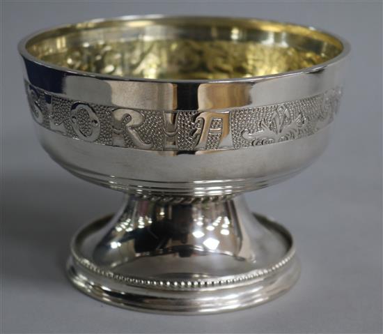 A George V Arts & Crafts silver pedestal bowl with stylised inscription, S. Blanckensee & Sons Ltd, Birmingham, 1925, 9.5oz.